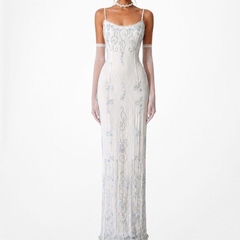 Vintage Y2K Silk Baby Blue Cream Bodycon Floral Beaded Maxi Prom Dress Size S - Picture 3 of 9